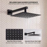 Wide overhead fixture with flexible silicone nozzles, adjustable positioning and even rainfall coverage
