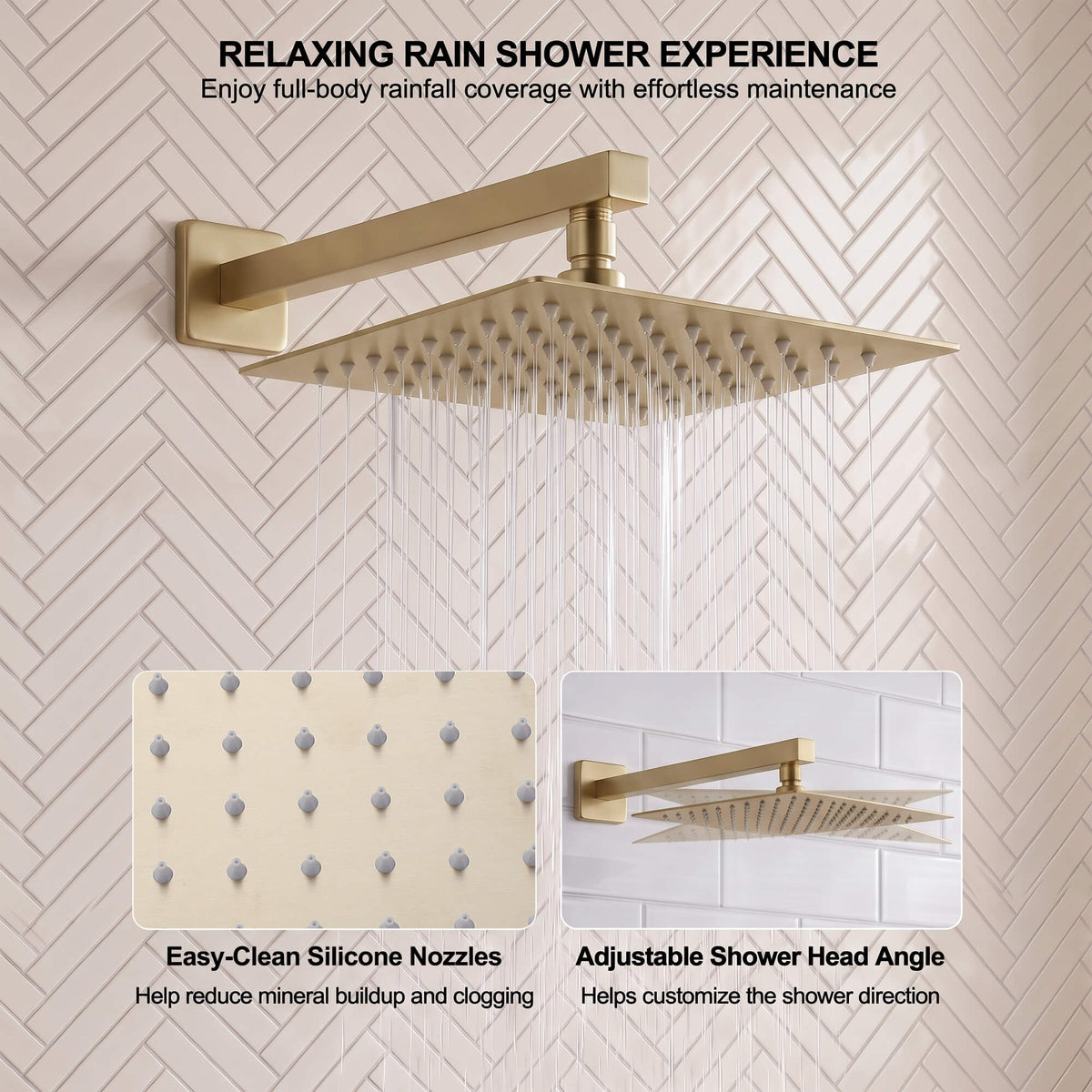Wide overhead spray fixture with easy-clean silicone nozzles and an adjustable angle for customized rainfall coverage