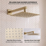 Wide overhead spray fixture with easy-clean silicone nozzles and an adjustable angle for customized rainfall coverage