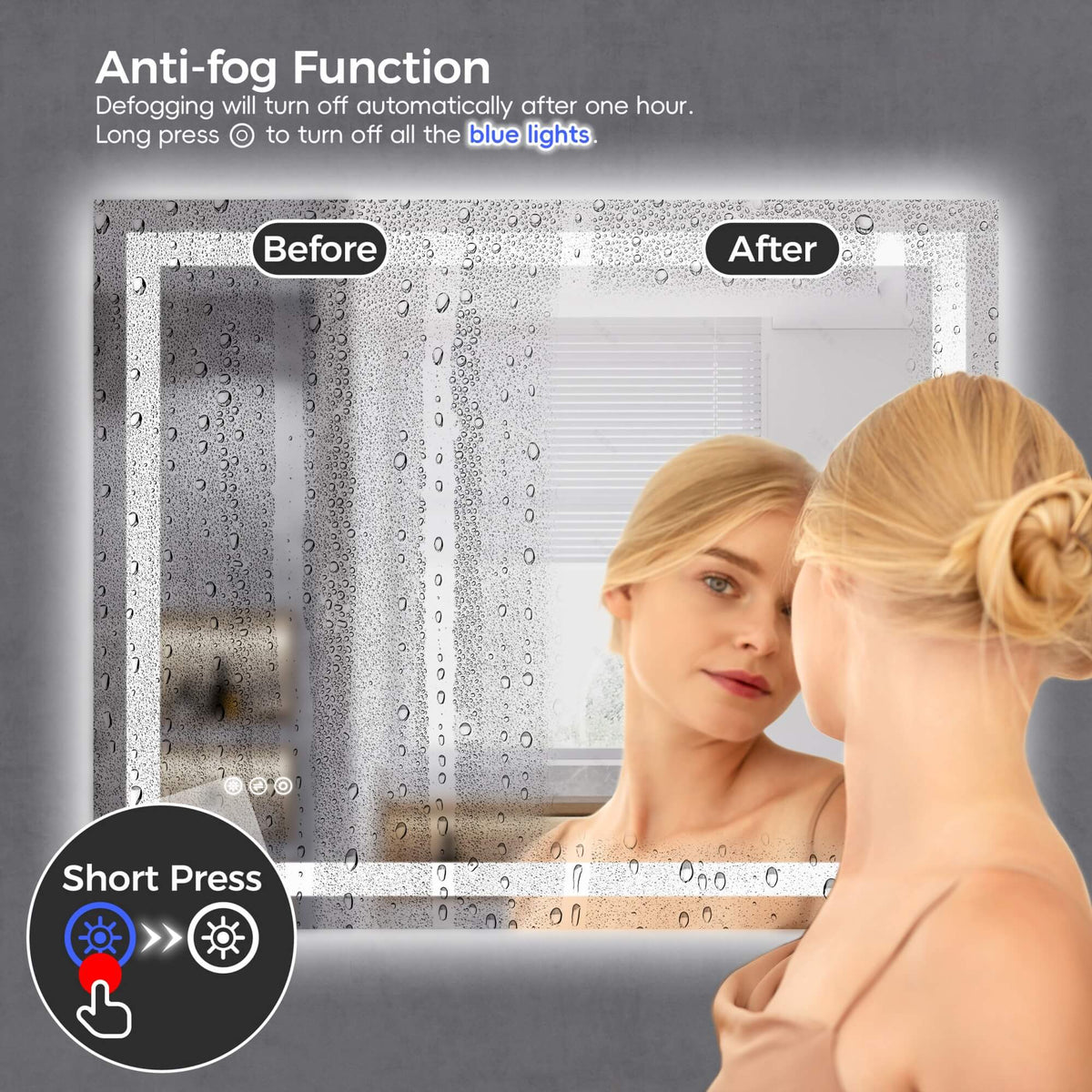 Anti-fog LED bathroom mirror with independent defogger and one-hour auto shut-off