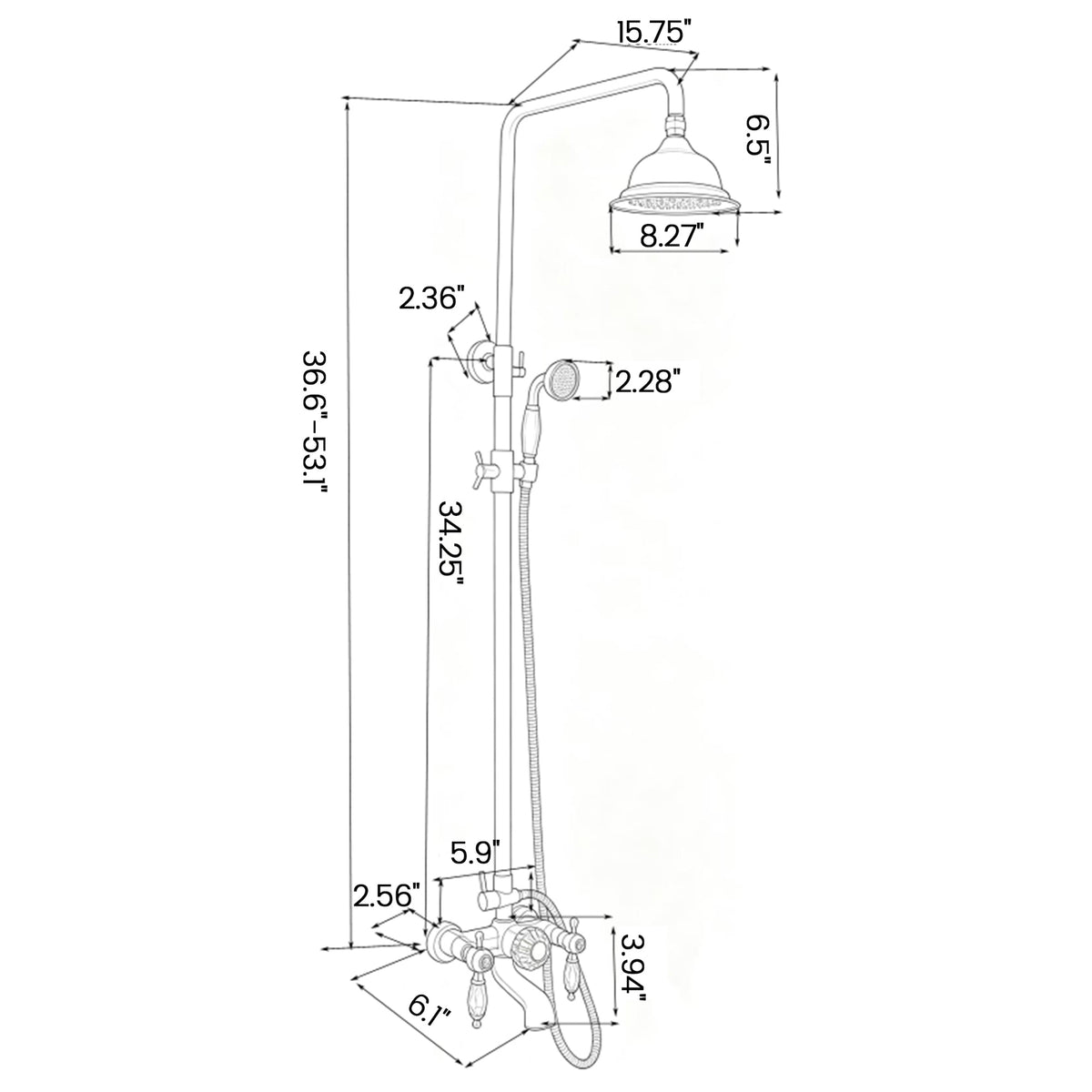 Vintage 3-Function Exposed Tub Shower System with Crystal Diverter