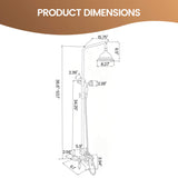Dimensions of an antique brass exposed shower system with rain shower, hand shower, and tub spout