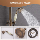 Antique brass handheld shower spraying water on an exposed shower system