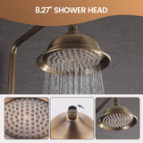 Close-up of 8-inch antique brass rain shower head with easy-clean spray nozzles