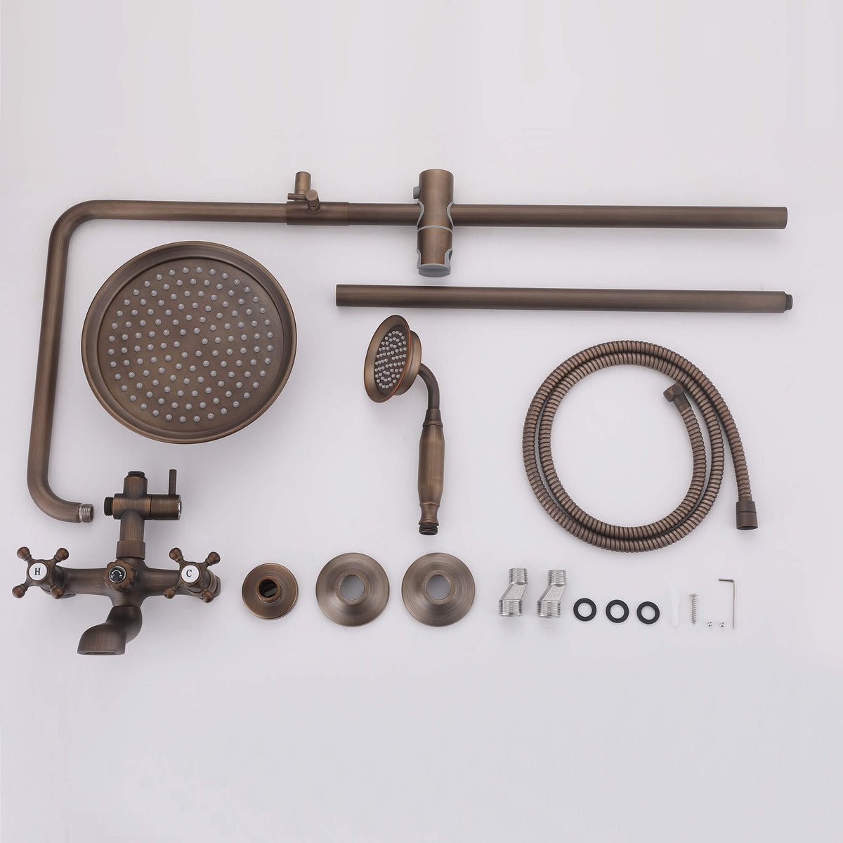 Components of antique brass shower system