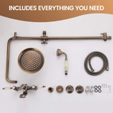 Antique brass exposed shower system kit with rain shower head, hand shower, hose, mixer faucet, and installation hardware