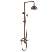Antique brass wall-mounted shower system with overhead rain shower, handheld shower, and tub faucet