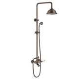 Antique brass wall-mounted shower system with overhead rain shower, handheld shower, and tub faucet