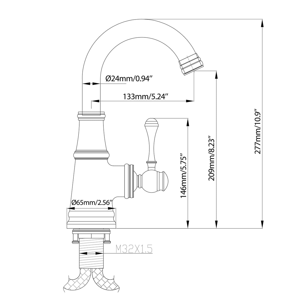 Black bathroom faucet dimensions and installation specifications drawing