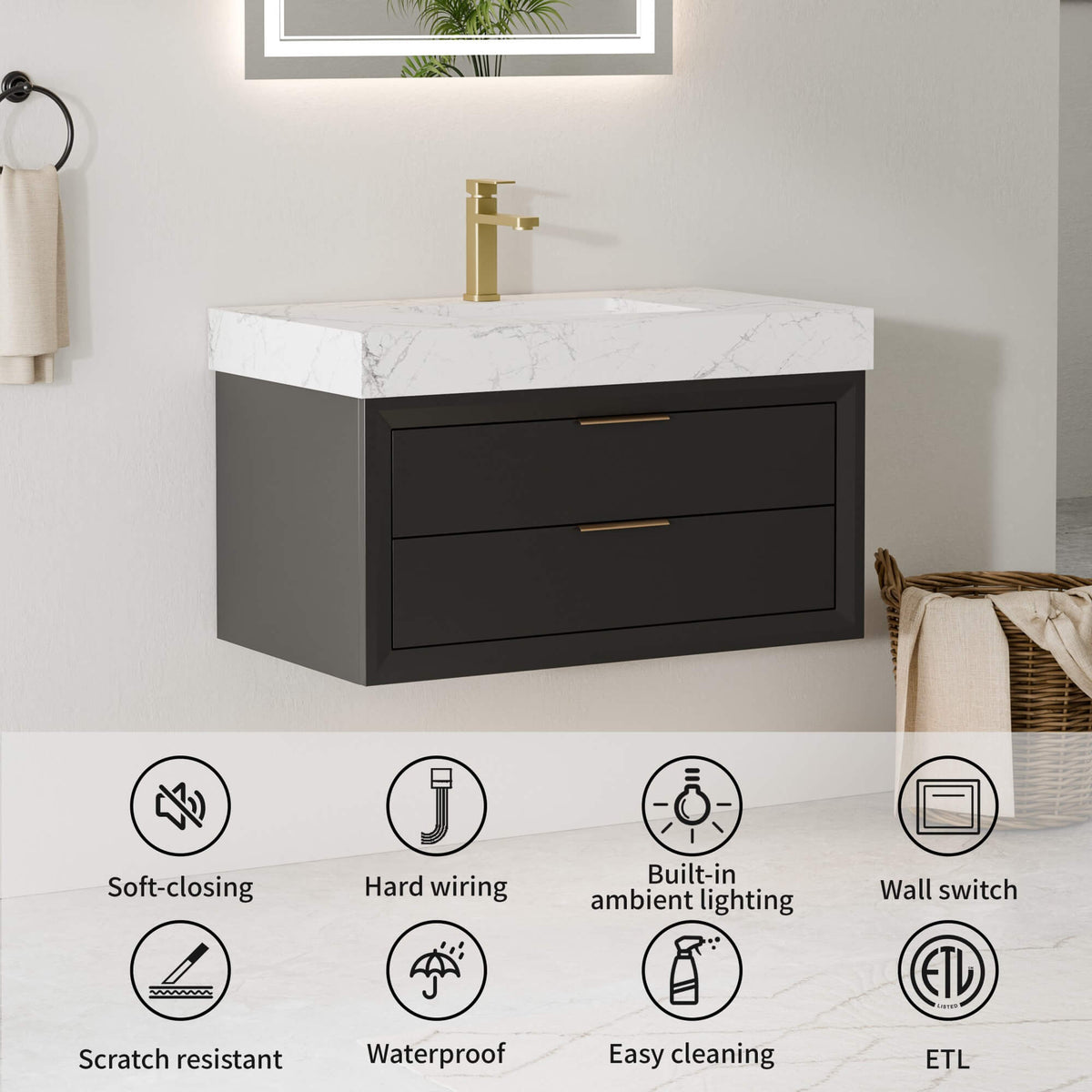 36-Inch Floating Bathroom Vanity with LED Lighting & 2 Drawers