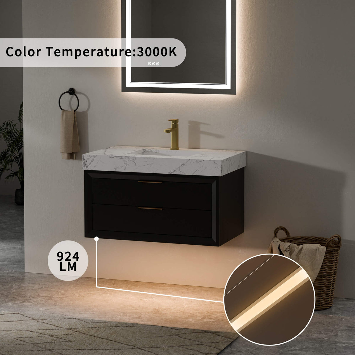 36-Inch Floating Bathroom Vanity with LED Lighting & 2 Drawers