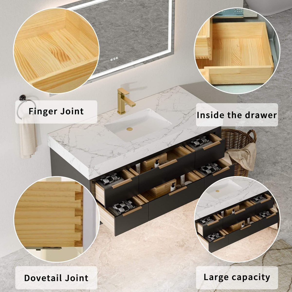 48-Inch Floating Bathroom Vanity with Sink, 6 Drawers & LED Lighting