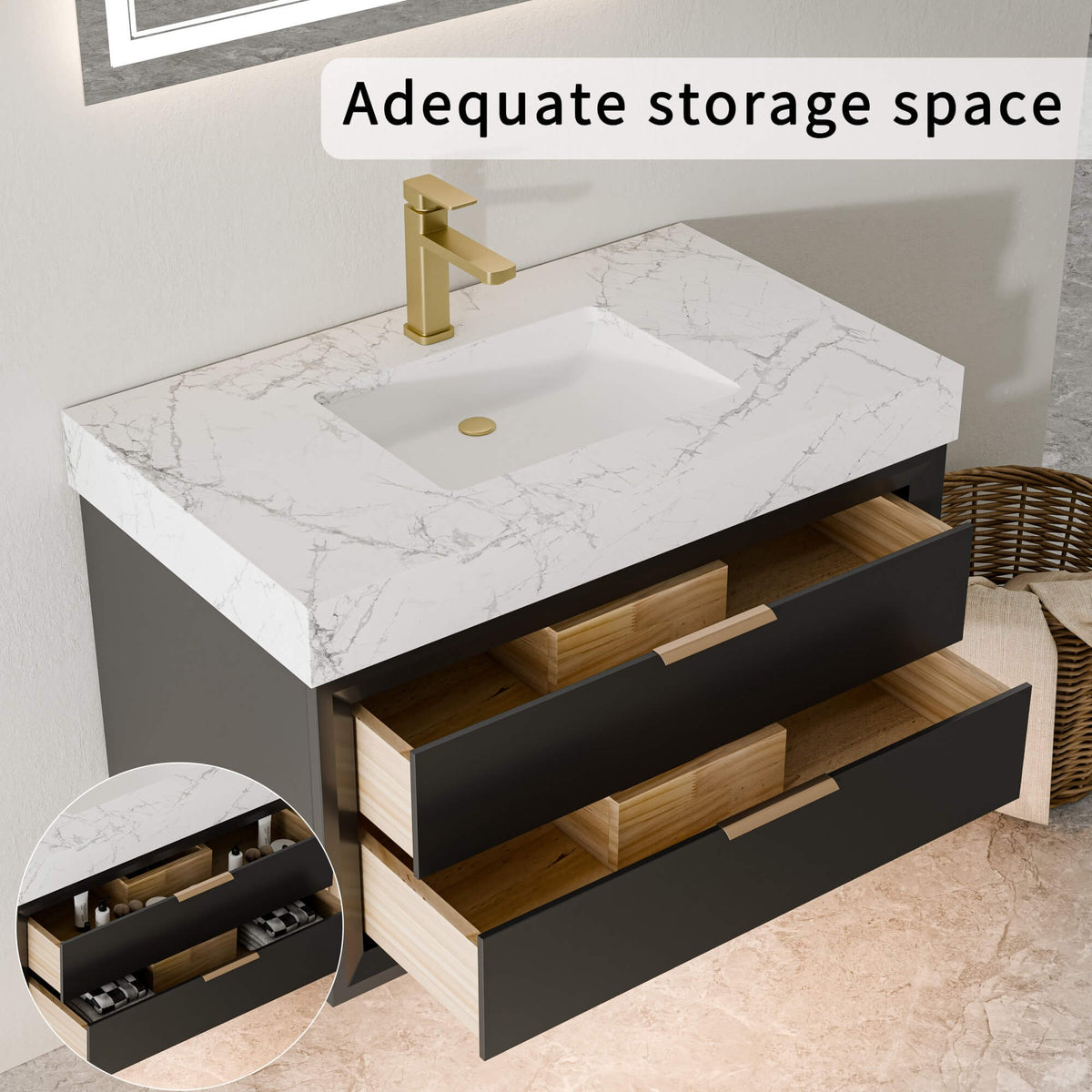 36-Inch Floating Bathroom Vanity with LED Lighting & 2 Drawers