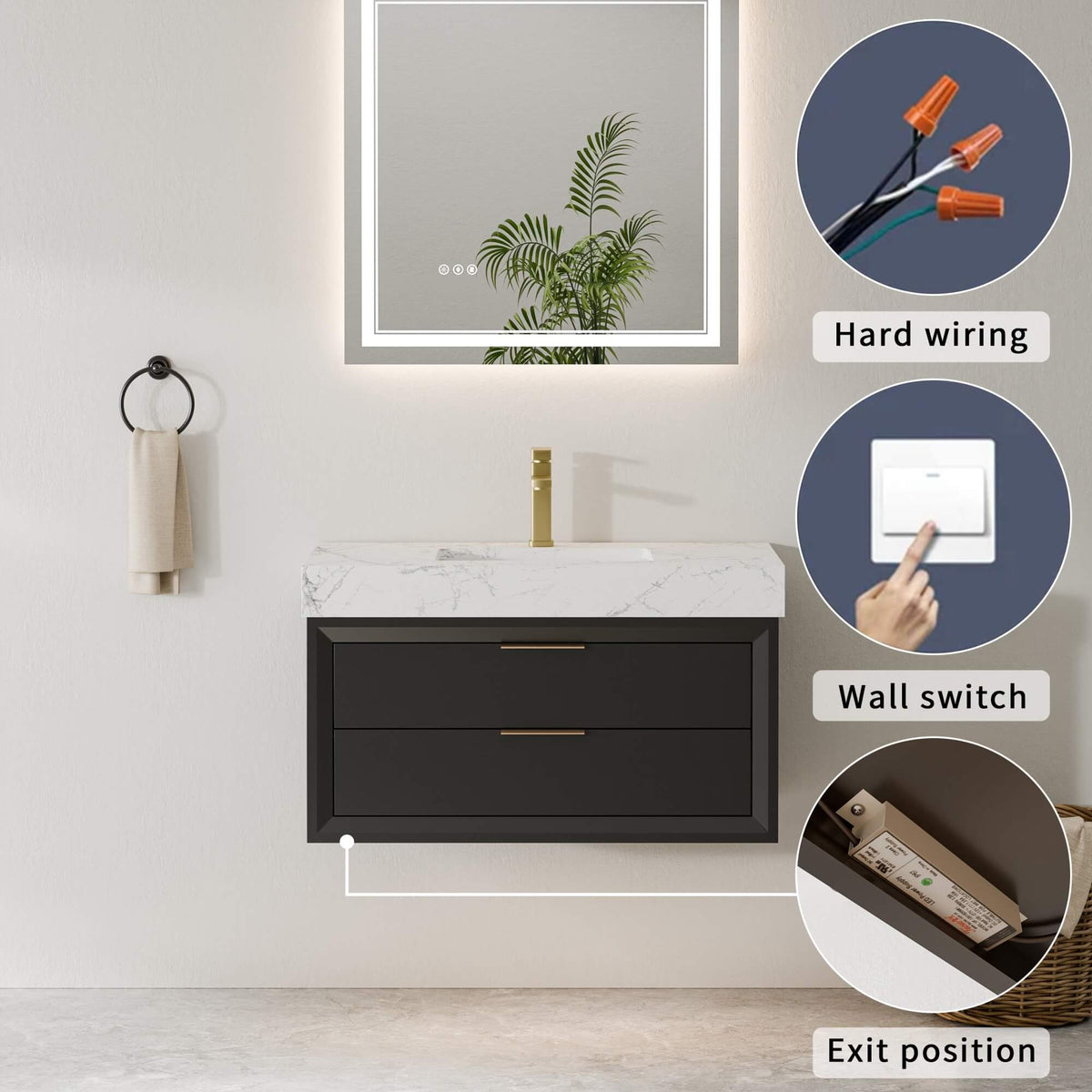 36-Inch Floating Bathroom Vanity with LED Lighting & 2 Drawers