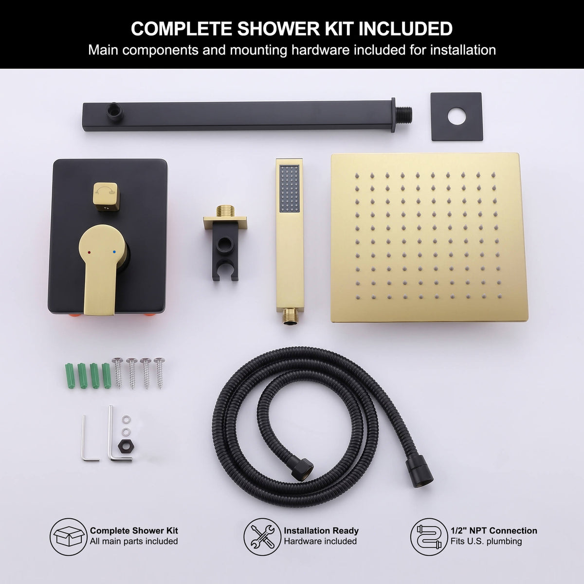 Complete matte black and brushed gold shower system kit including rainfall shower head, handheld sprayer, valve trim and accessories
