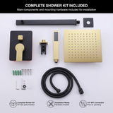 Complete matte black and brushed gold shower system kit including rainfall shower head, handheld sprayer, valve trim and accessories