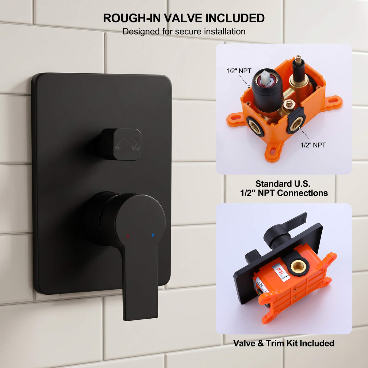 Matte black shower faucet system with included rough-in valve and standard 1/2 inch NPT connections