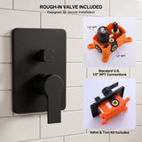 Matte black shower faucet system with included rough-in valve and standard 1/2 inch NPT connections