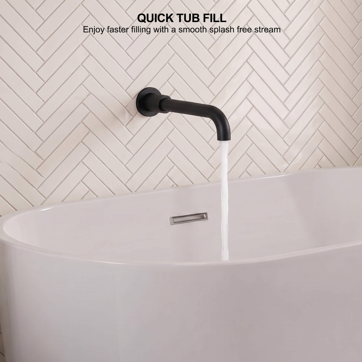 Curved matte black bath spout delivering a steady low-splash stream for convenient bathtub filling