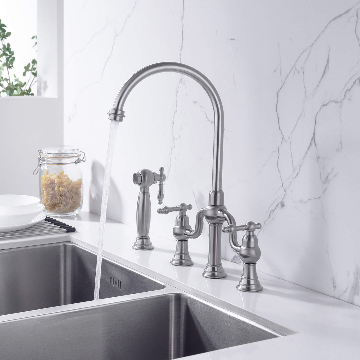 8-Inch Bridge Kitchen Faucet with Side Sprayer 360° Swivel Spout