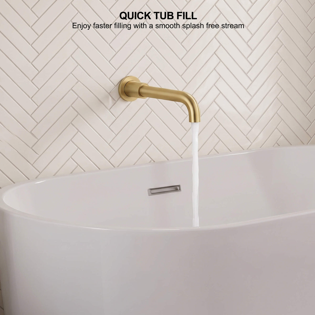 Curved gold bath filler producing a smooth vertical stream for quick and controlled bathtub filling