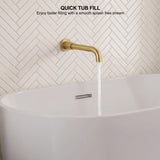 Curved gold bath filler producing a smooth vertical stream for quick and controlled bathtub filling