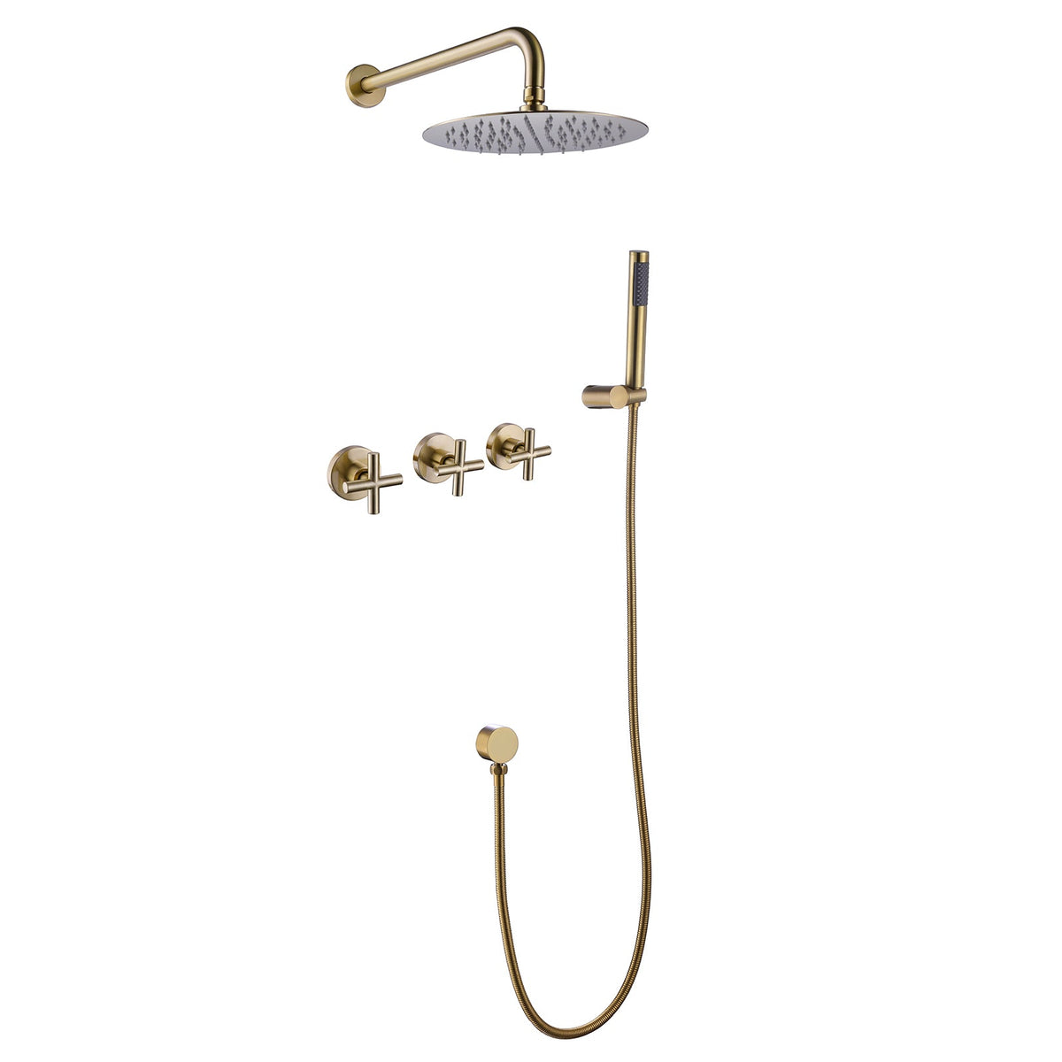 Brushed gold 3 function shower system complete set with rain shower head, handheld shower and valve trim