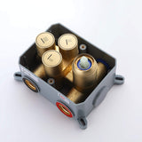 3-function shower valve internal structure with hot and cold water inlets, brushed gold finish.