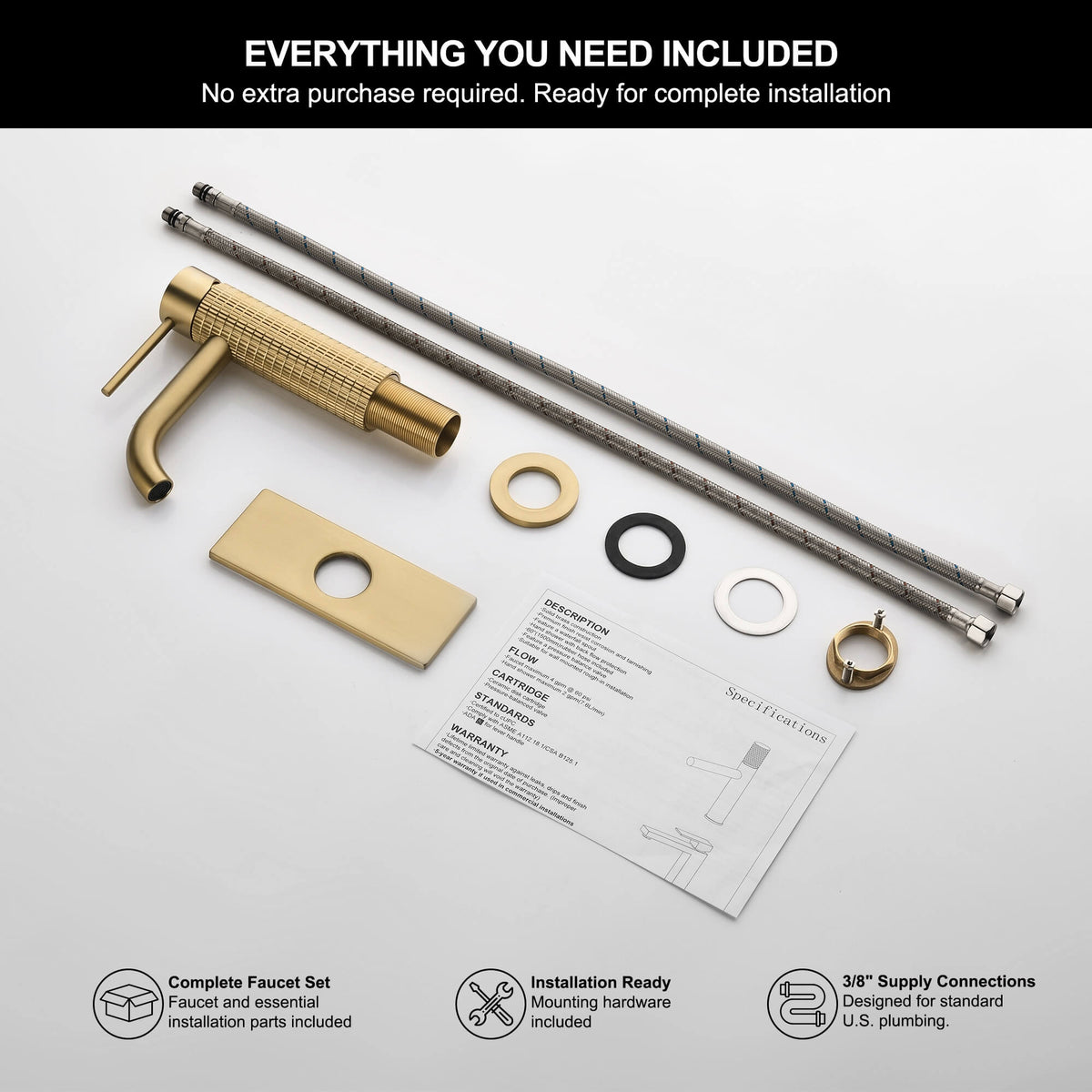 Brushed gold bathroom faucet complete installation kit with mounting hardware and supply hoses