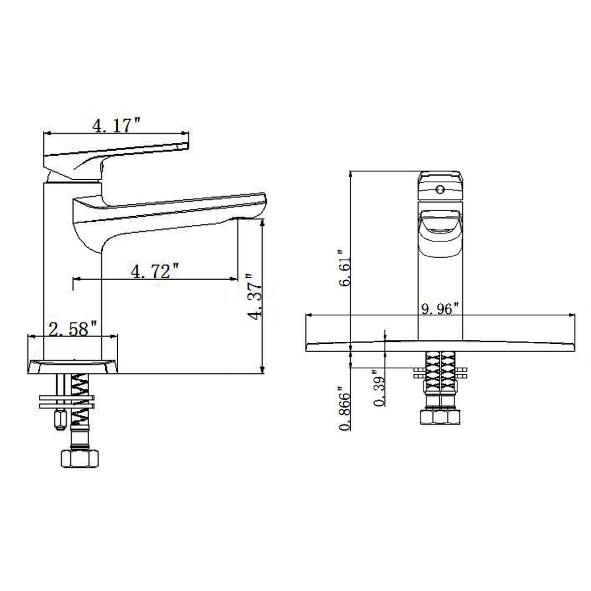 Brushed gold bathroom faucet dimensions and specifications showing single handle vanity sink faucet measurements