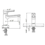 Brushed gold bathroom faucet dimensions and specifications showing single handle vanity sink faucet measurements