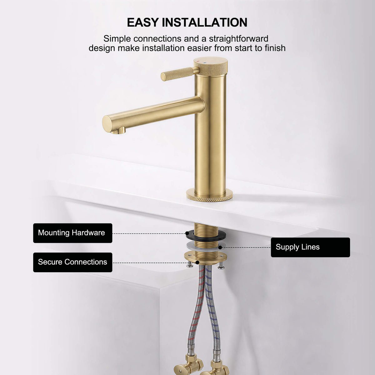 Modern Brass Bathroom Faucet Single-Hole Basin Mixer Tap with Knurled Handle