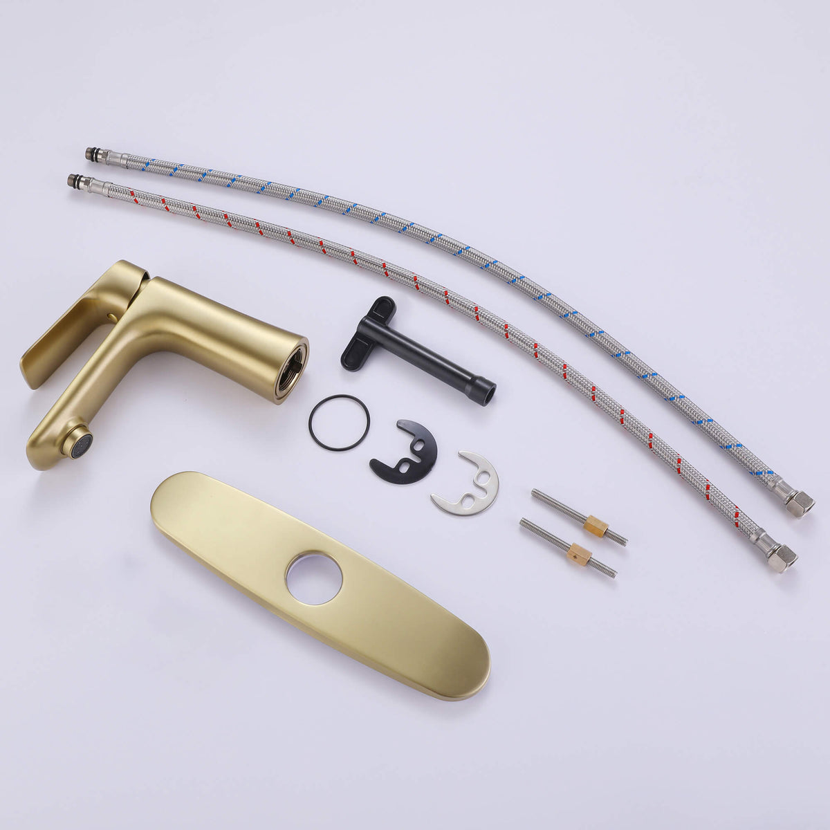 Brushed gold bathroom faucet installation accessories including mounting hardware and hot cold water supply hoses