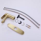 Brushed gold bathroom faucet installation accessories including mounting hardware and hot cold water supply hoses