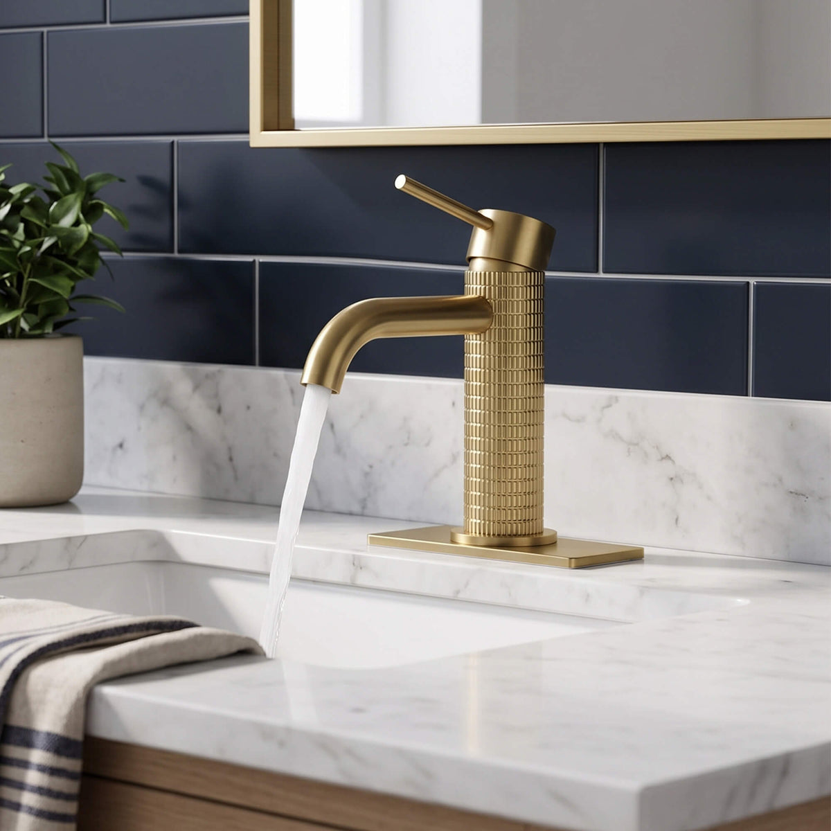 Brushed gold bathroom sink faucet with smooth water flow from precision aerator spout