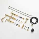 Brushed gold bridge kitchen faucet with side sprayer, supply hoses and installation hardware