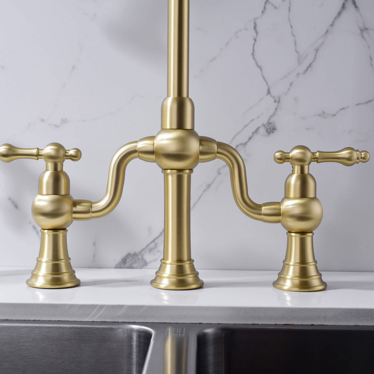 8-Inch Bridge Kitchen Faucet with Side Sprayer 360° Swivel Spout