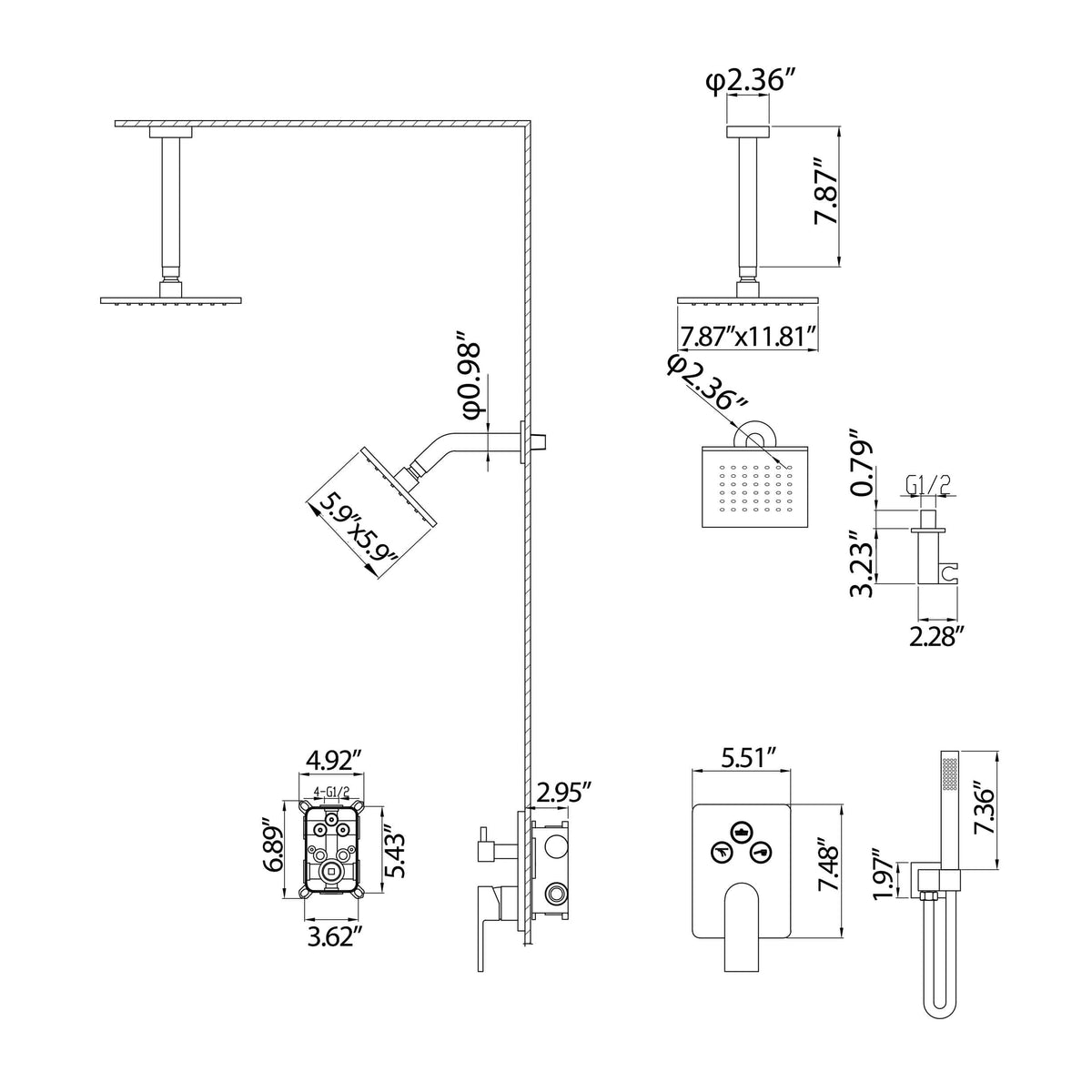 Dual shower system installation dimension diagram with rainfall, wall-mounted, and handheld shower.