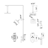 Dual shower system installation dimension diagram with rainfall, wall-mounted, and handheld shower.