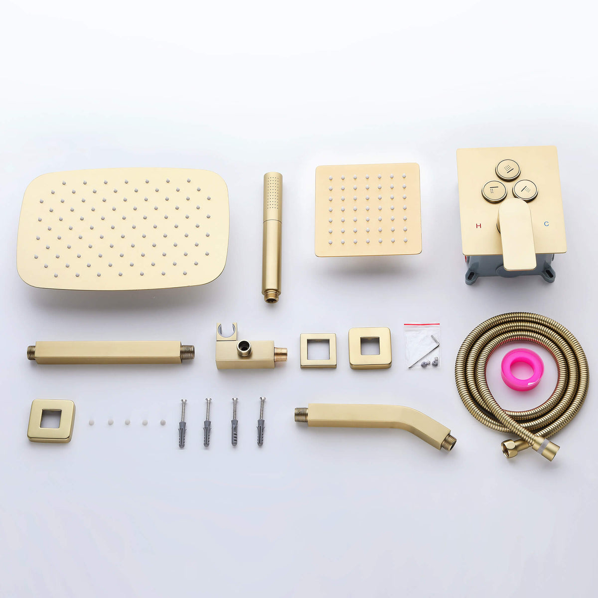 Full set of brushed gold dual shower system components including rainfall head, wall head, handheld wand, valve, and accessories.