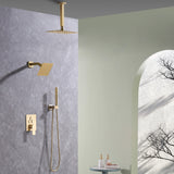 Modern bathroom with brushed gold dual shower system, including rainfall and wall-mounted shower heads with handheld spray.
