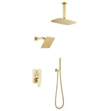 Brushed gold dual shower system with rainfall shower head, wall-mounted shower head, handheld shower wand, and 3-function diverter valve.