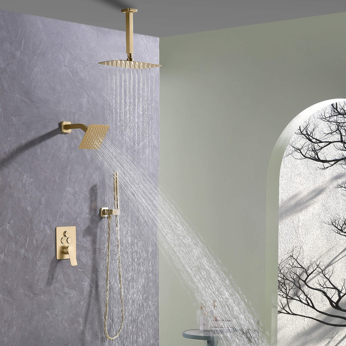 Brushed gold dual shower system with ceiling rainfall shower, wall shower and handheld shower