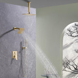 Brushed gold dual shower system with ceiling rainfall shower, wall shower and handheld shower