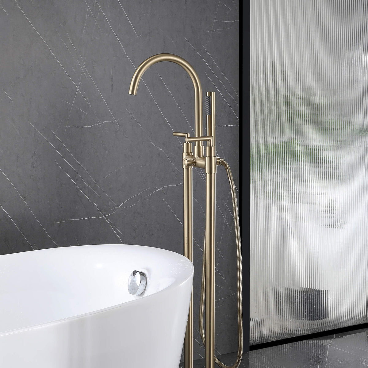 Twin-Column Freestanding Tub Filler with Dual Handles & Hand Shower