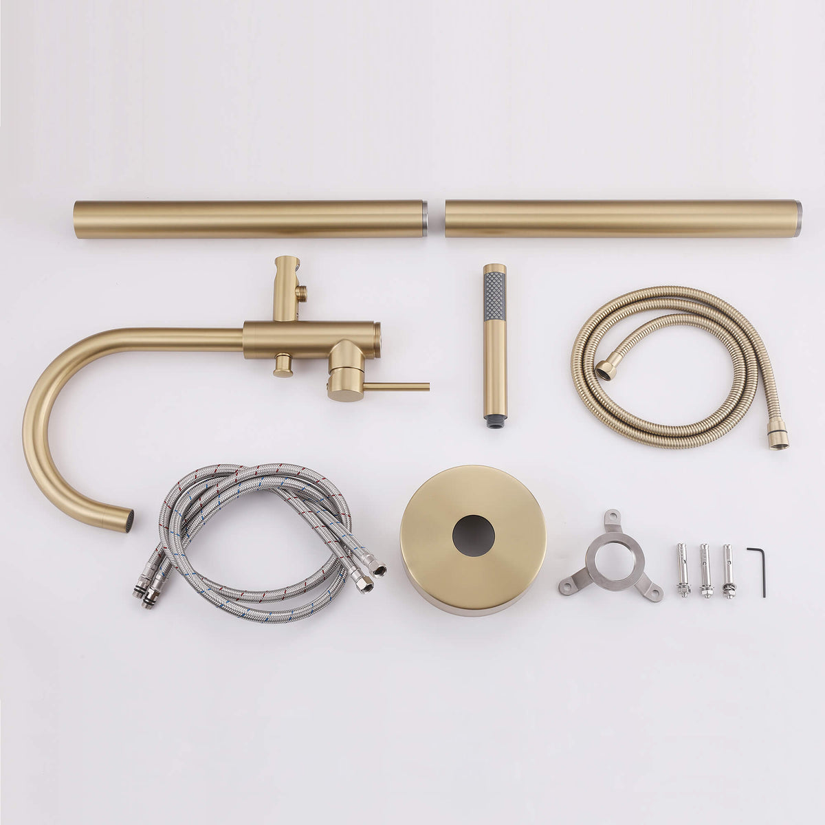 Brushed gold floor mount tub filler with hand shower and installation parts