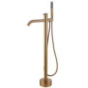 Brushed gold freestanding bathtub faucet with curved spout and handheld shower