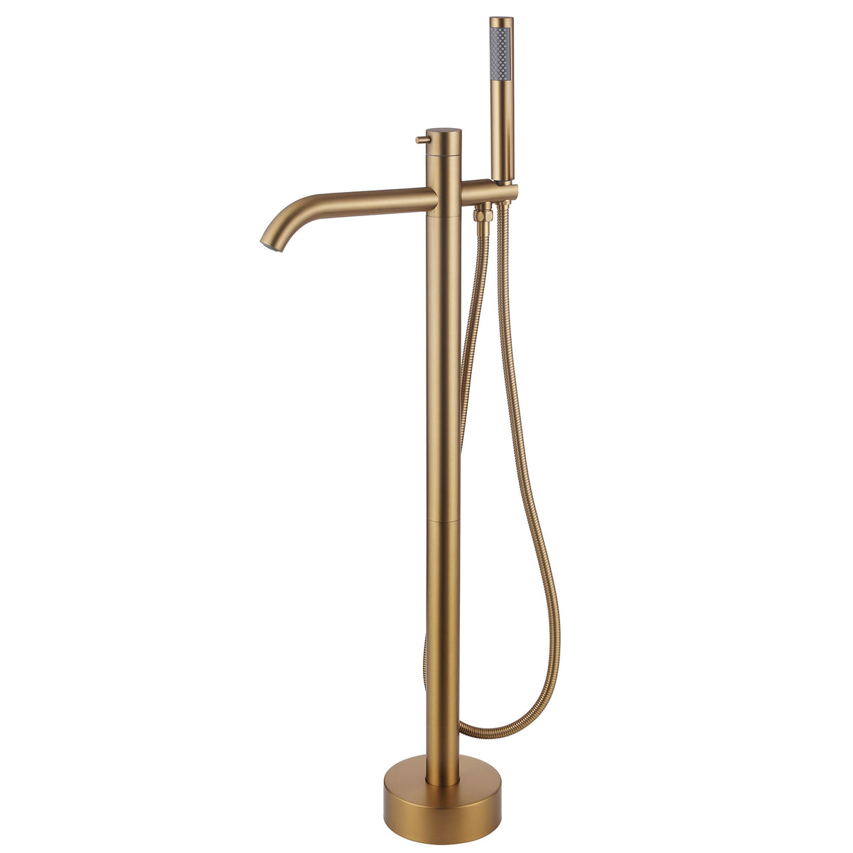 Brushed gold freestanding bathtub faucet with curved spout and handheld shower