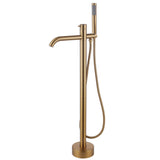 Brushed gold freestanding bathtub faucet with curved spout and handheld shower
