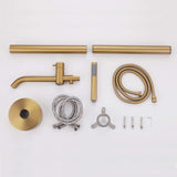 Brushed gold freestanding tub filler kit with hand shower, hose, floor base, and mounting hardware